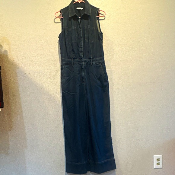 Chico's Pants - Chico's Denim Jumpsuit Sleeveless Collared Button Front Pockets Blue 0 small